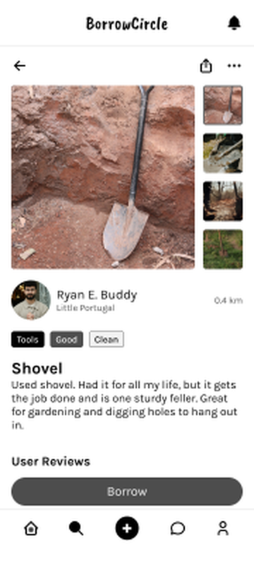 Earlier item page with a single grey Borrow button and one user review
