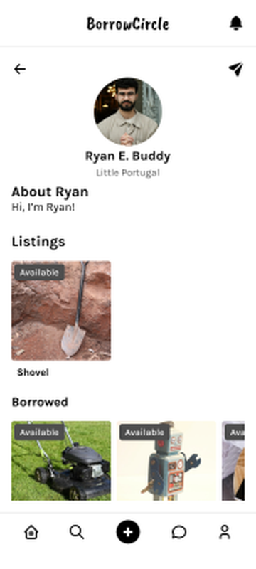 Earlier profile with a short bio, listings and borrowed items, and no reviews