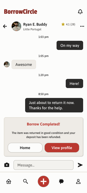 Chat: plan the pickup together, then see the borrow marked complete and the deposit refunded