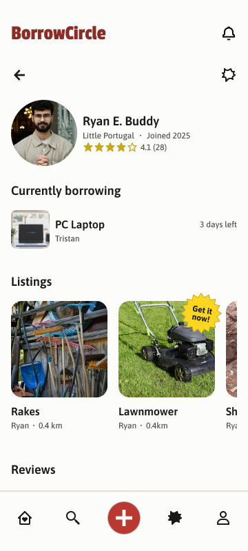 Final profile with a star rating, what they're currently borrowing, listings and reviews
