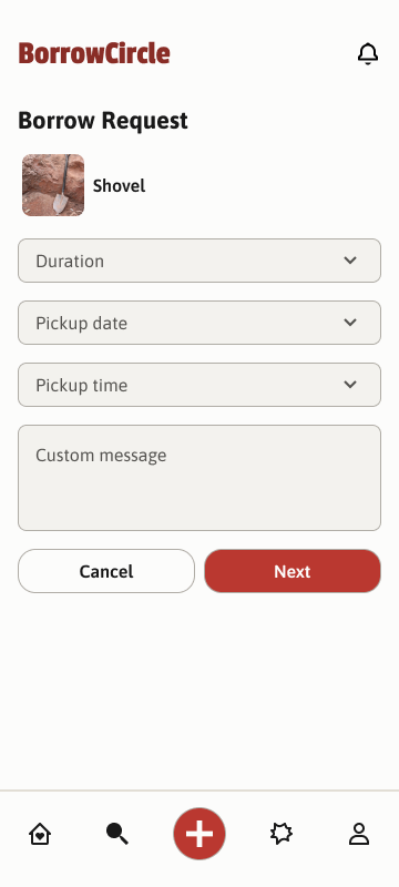 Request: pick a duration, pickup date and time, and add a message