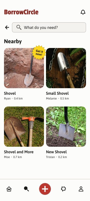 Results: nearby shovels, with a "Get it now!" starburst on the one you can borrow today