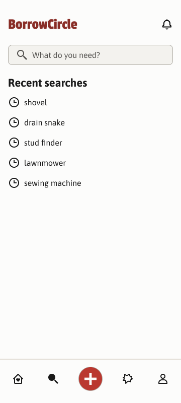 Search: "What do you need?", with recent searches one tap away