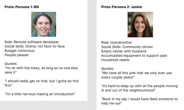 Proto-personas: Bill, a budget-conscious remote developer who's nervous about introductions, and Janine, a community-driven grandmother with equipment to share