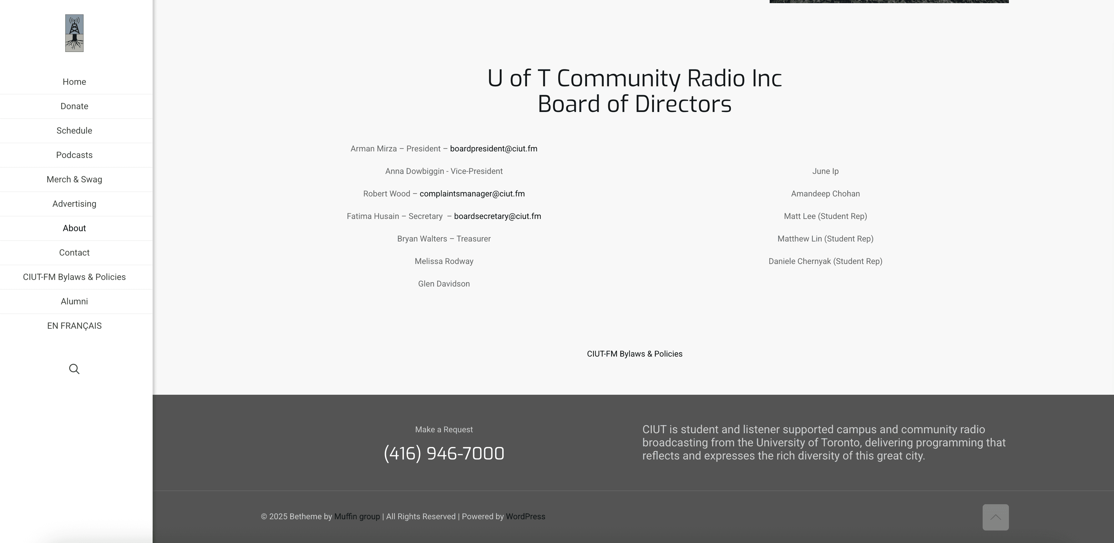 About page: a board list with inconsistent formatting and missing information