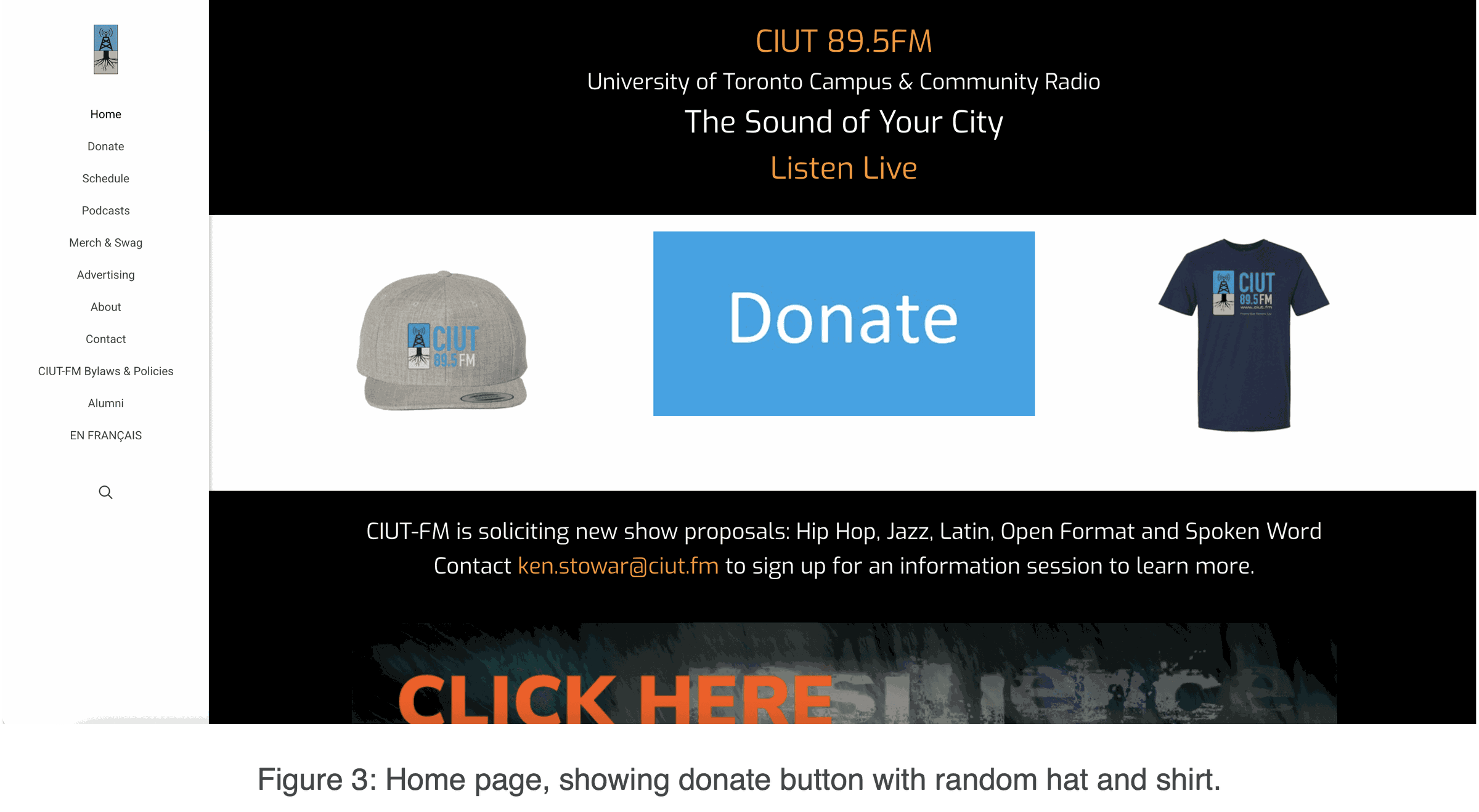 Home page: donate button next to an unexplained hat and shirt