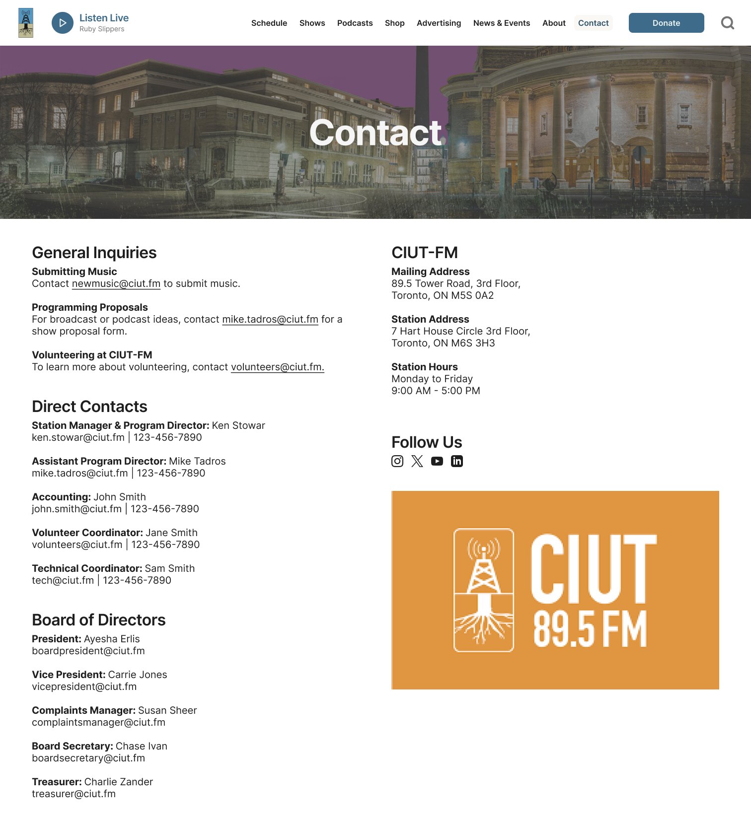 Redesigned Contact page with general inquiries, direct contacts, the board of directors, address, hours and social links