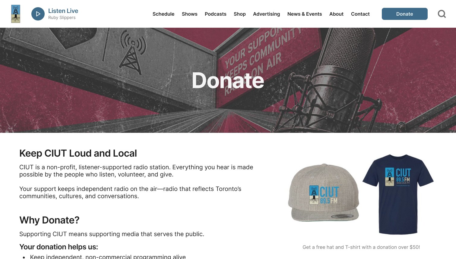 Redesigned Donate page explaining why donations matter, with the free hat and T-shirt labelled as rewards