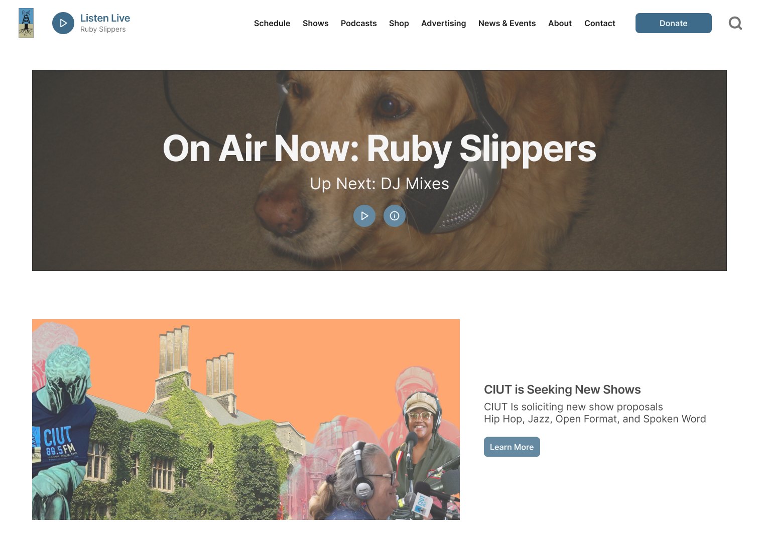 Home: a live "On Air Now" banner showing the current show