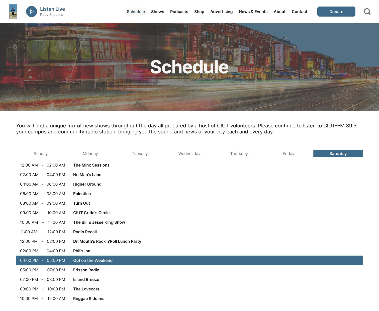 Schedule: weekly tabs, with the show on air right now highlighted