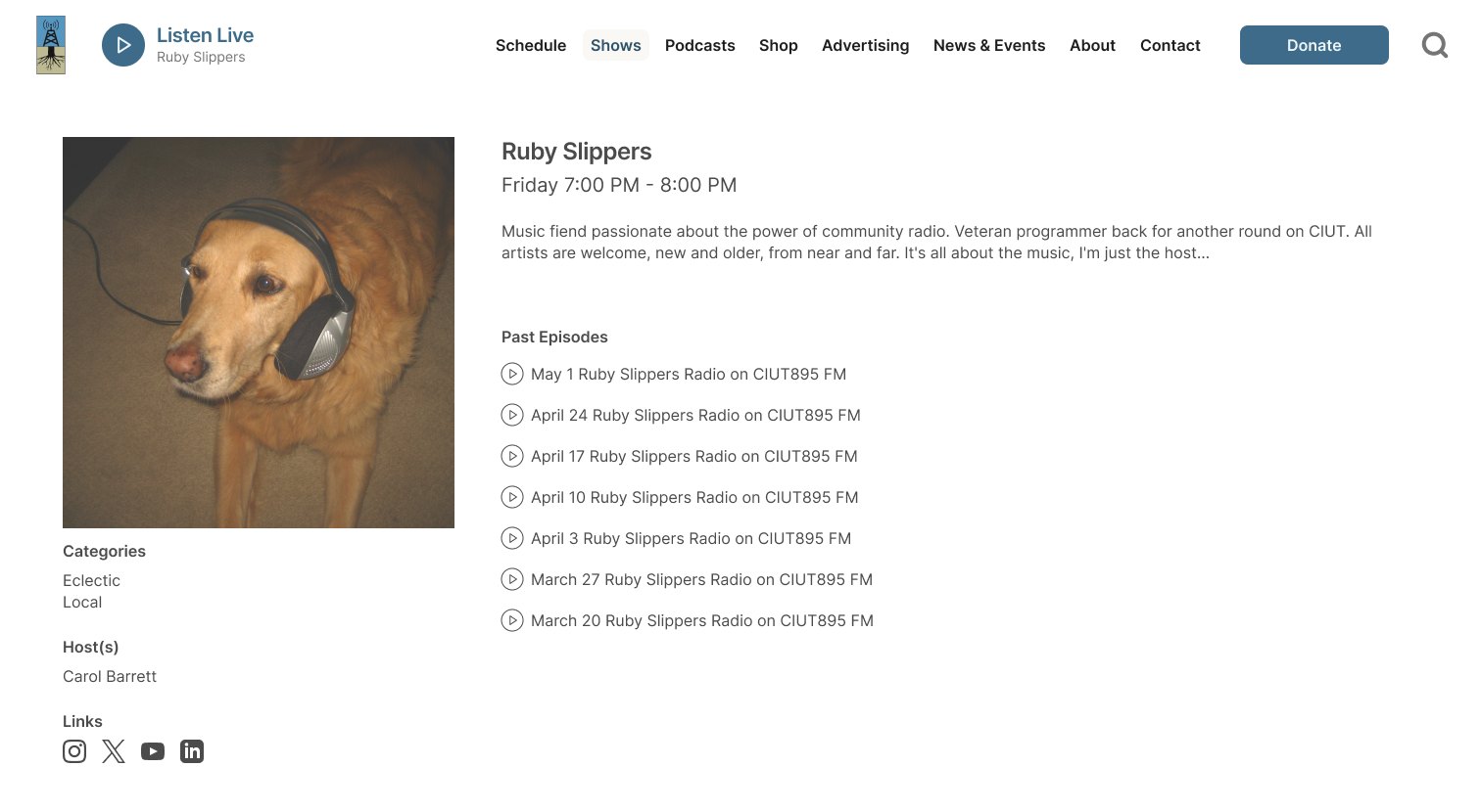 Redesigned show page with photo, time slot, categories, hosts, social links and past episodes