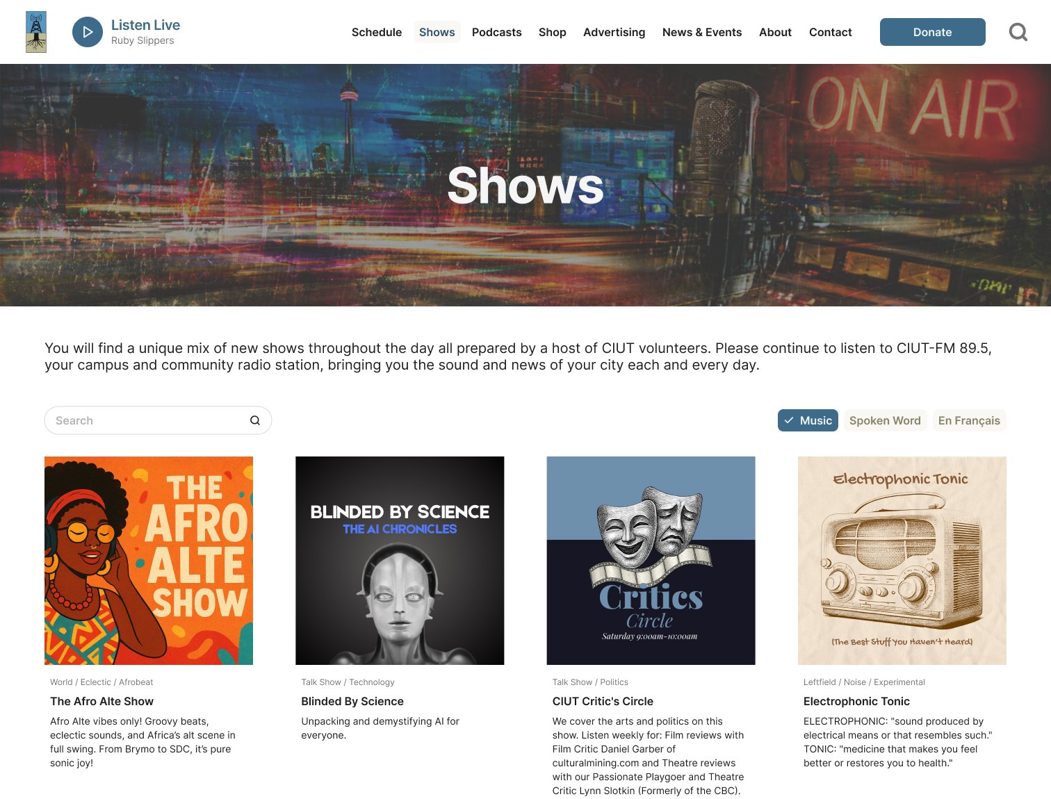 Shows: a photo grid with genres, search, and filters