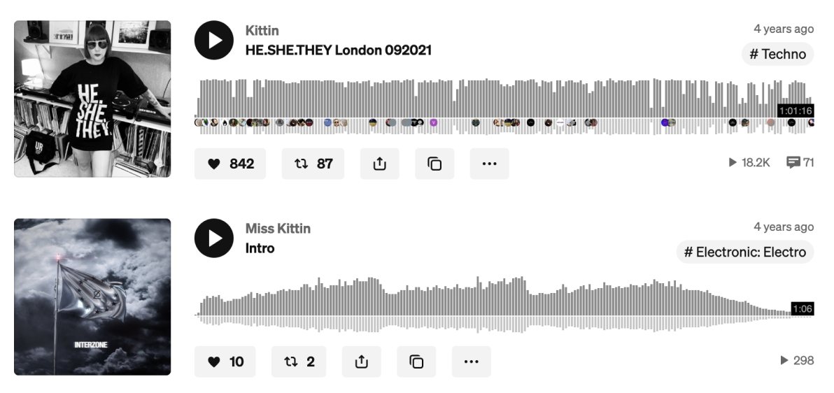Two tracks: one shows a small comment count on the far right, the other has no comment icon at all