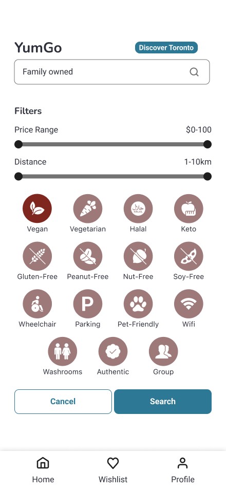 Final filters: every icon has a label, plus price and distance sliders