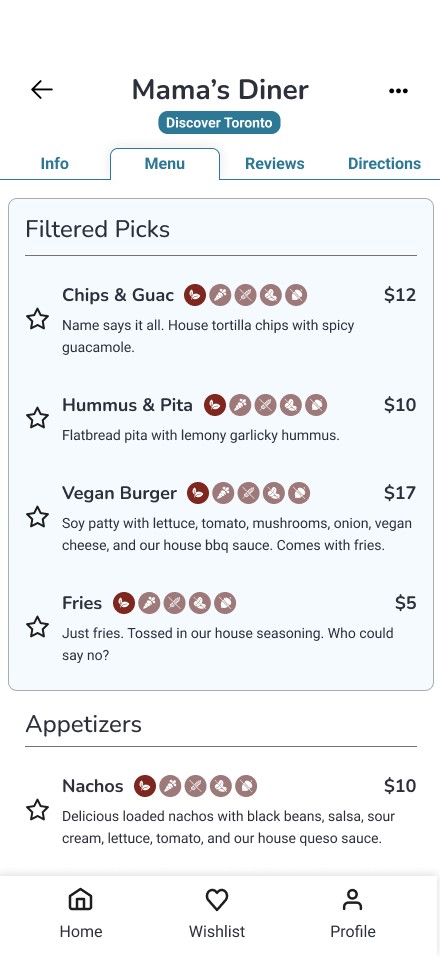 Menu: dishes matching your filters are pinned to the top