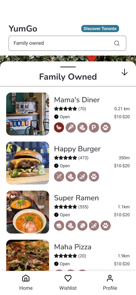 Search results: photos, ratings, distance, price and dietary icons at a glance