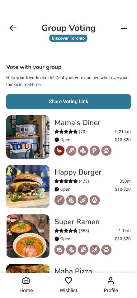 Group voting: share a link so everyone can vote on where to eat